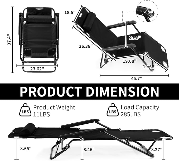 Outvita Folding Chaise Lounge Chair, Outdoor Adjustable Recliner Chair with Pillow for Camping, Beach, Poolside, Garden, Backyard, Lawn