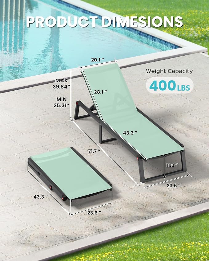 Aluminum Chaise Lounge Chair Outdoor, Foldable& No Assembly Patio Pool Lounge Chairs 5-Position Recliner for Outside, Fully Grounded Legs Sun Lounger for Poolside, Light Green