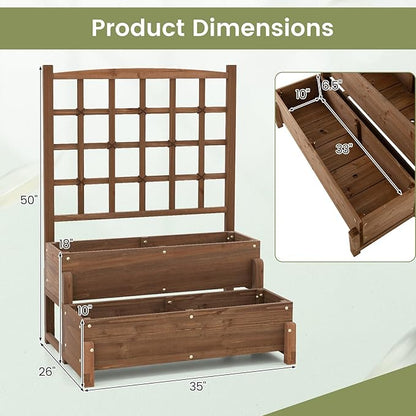 2 Pieces Raised Garden Bed with Trellis, 2-Tier Wooden Elevated Planter Box with Legs, Hemp Rope & Drainage Holes, Raised Plant Bed for Backyard, Garden, Lawn