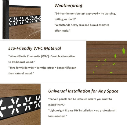 6 Feet×6 Feet Privacy Fence, Outdoor Wood Plastic Composite Fence Panel, Waterproof Security Barriers Fencing, WPC (Brown, Floral (1 Panel - 2 Post))