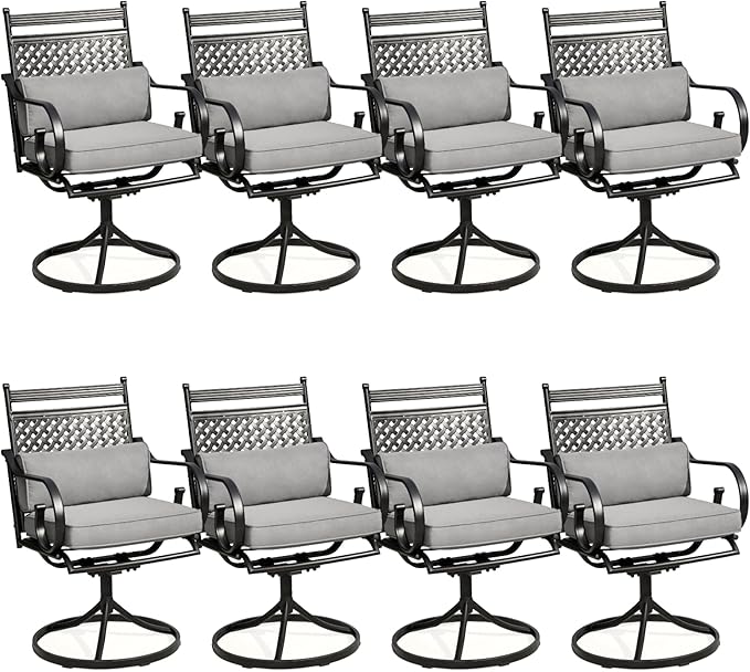 MELLCOM Patio Swivel Chair Set of 8, Heavy Duty Outdoor Dining Chairs with Cushions and Lumbar Pillows, Metal Patio Chairs Gentle Rocker for Outside, Garden Lawn & Porch, Backyard, Grey