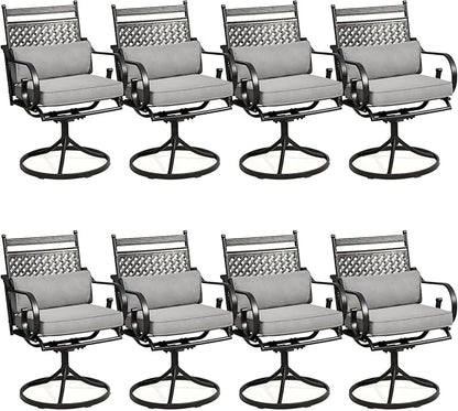 MELLCOM Patio Swivel Chair Set of 8, Heavy Duty Outdoor Dining Chairs with Cushions and Lumbar Pillows, Metal Patio Chairs Gentle Rocker for Outside, Garden Lawn & Porch, Backyard, Grey