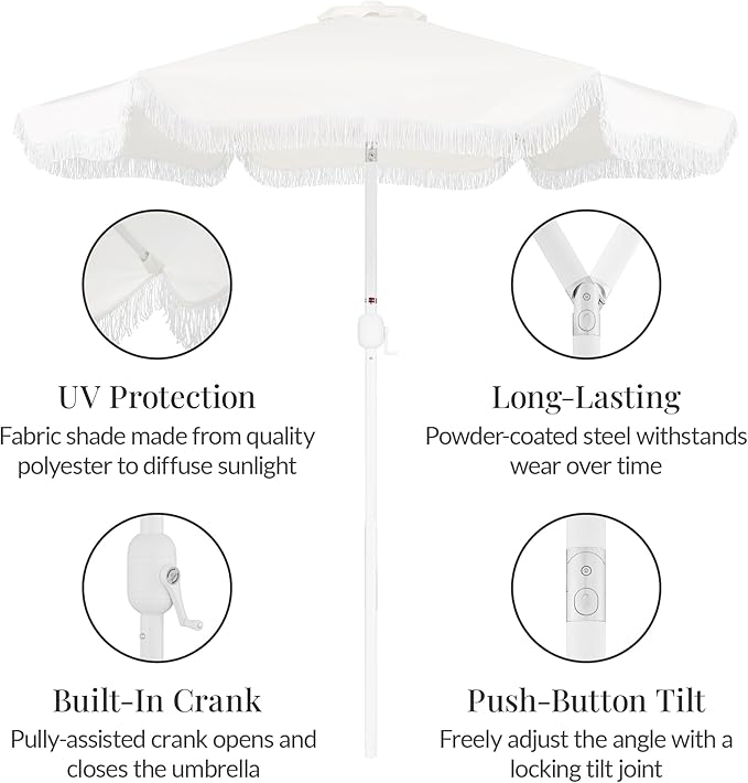 Best Choice Products 9ft Fringe Market Patio Umbrella – Outdoor Boho Tassel Sunshade for Table, Pool, Deck, Backyard – UPF50+, Easy Tilt, Heavy Duty Steel Pole & Ribs