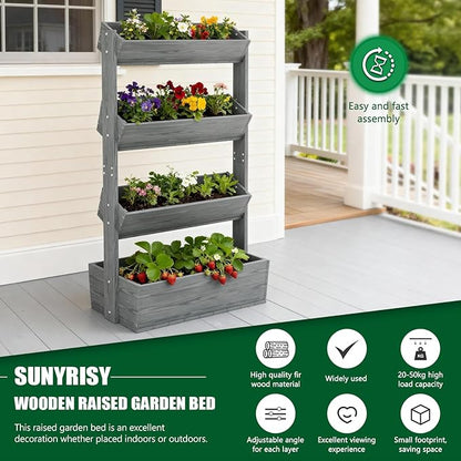 SUNYRISY 4 Tiers Vertical Raised Garden Bed Outdoor Planter Tower, Wooden Freestanding Planter Box for Planting Herbs Flowers Vegetables Patio Balcony Indoor Outdoor Gardening, Grey