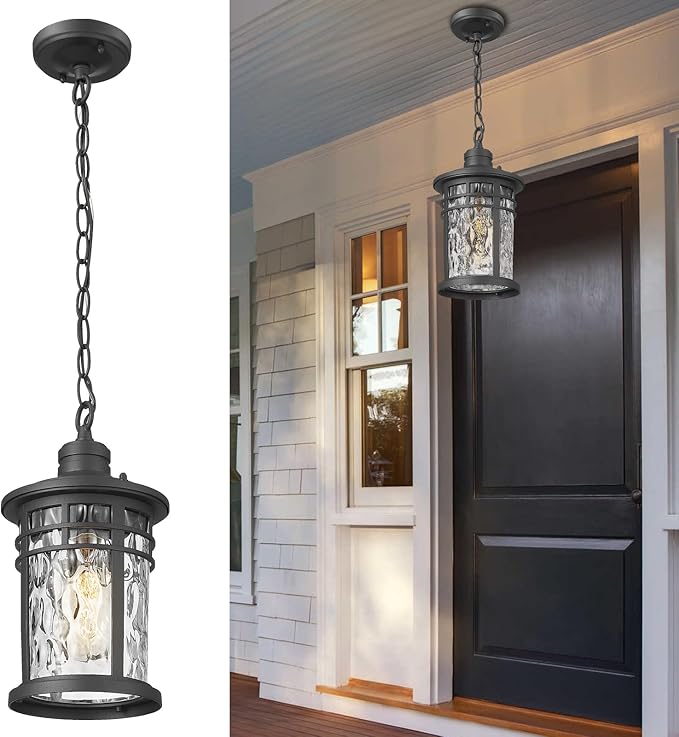 Darkaway Outdoor Pendant Lights for Porch, Outdoor Chandelier Hanging Porch Lights Outside Ceiling Mount Aluminum with Water Ripple Glass for House Gazebo Patio