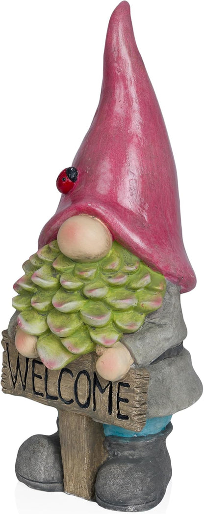 Alpine Corporation QWR1466 Gnome with Red Hat Holding “Welcome” Sign, Stylish Décor for Garden, Patio, & Pathway, 19" H, Multicolor