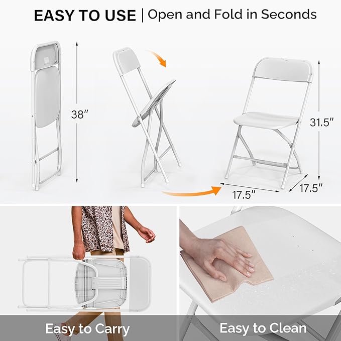 VINGLI 1 Pack White Plastic Folding Chair, Indoor Outdoor Portable Stackable Commercial Seat with Steel Frame 350lb. Capacity for Events Office Wedding Party Picnic Kitchen Dining