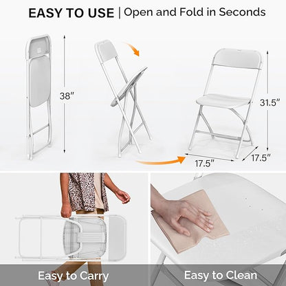 VINGLI 12 Pack White Plastic Folding Chair, Indoor Outdoor Portable Stackable Commercial Seat with Steel Frame 350lb. Capacity for Events Office Wedding Party Picnic Kitchen Dining