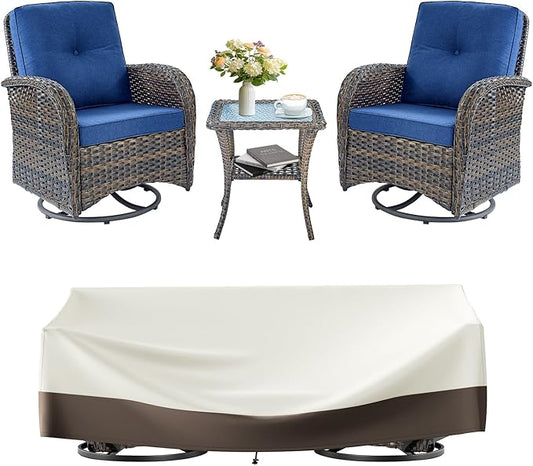 3 Pieces Patio Bistro Set Outdoor Swivel Rocker Patio Chairs with Side Table Patio Furniture for Deck Porch Garden Balcony Poolside-Brown/Blue