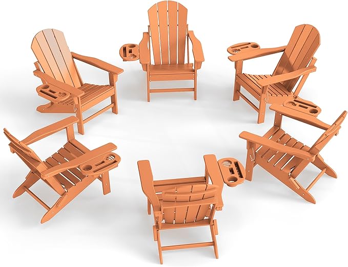 Adirondack Chair Set of 6, HDPE Folding Adirondack Chair with Multifunctional Cup Holder, Weather Resistant Fire Pit Chair for porches, patios, poolsides, Decks.