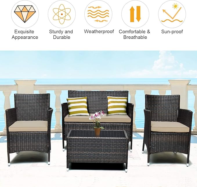 COSTWAY 4PCS Rattan Patio Furniture Set, Outdoor Wicker Rattan Chairs with Coffee Table, Rattan Cushioned Conversation Set for Backyard Balcony Porch Poolside, Brown