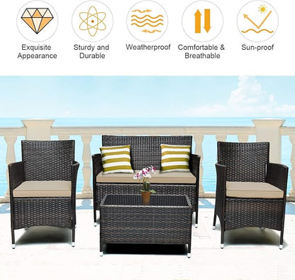 COSTWAY 4PCS Rattan Patio Furniture Set, Outdoor Wicker Rattan Chairs with Coffee Table, Rattan Cushioned Conversation Set for Backyard Balcony Porch Poolside, Brown