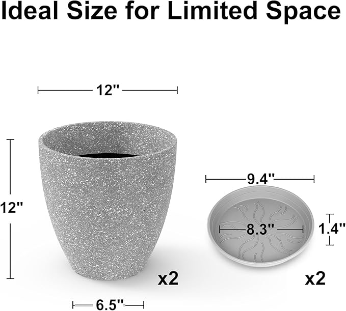 GameXcel Flower Pot Indoor - Outdoor Plant Pot - Gray Rough Planter - Elegant Stone Imitation - 12" Diameter 12" Tall with Drainage Holes and Saucer 2 Pack
