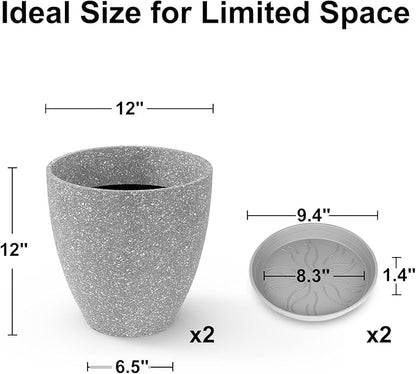GameXcel Flower Pot Indoor - Outdoor Plant Pot - Gray Rough Planter - Elegant Stone Imitation - 12" Diameter 12" Tall with Drainage Holes and Saucer 2 Pack