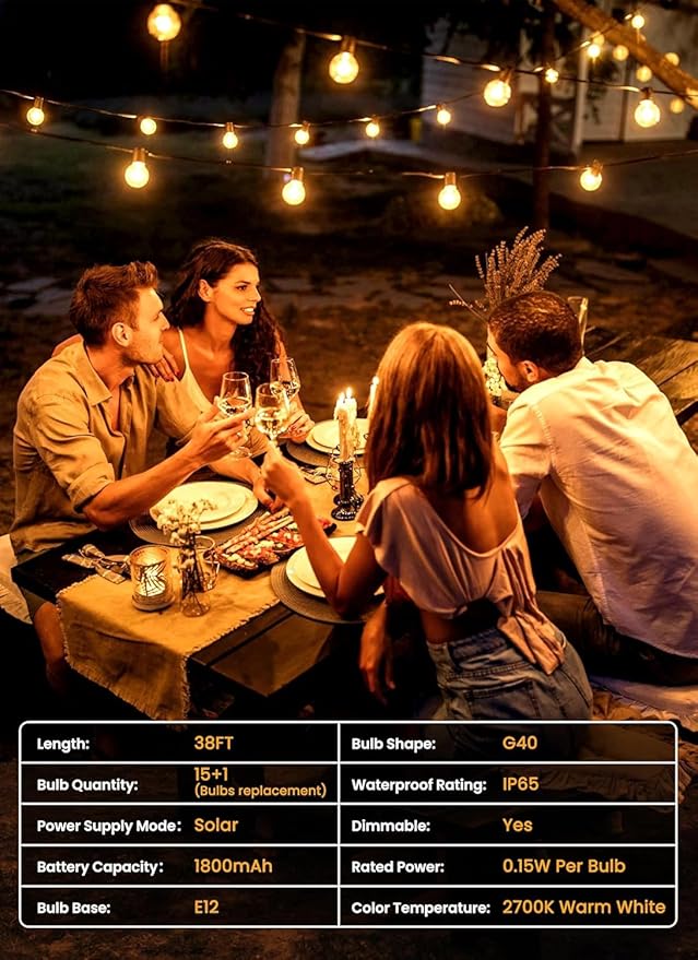 Brightown 38FT Solar String Lights Outdoor with USB Charging & 16 LED Shatterproof Bulbs, Solar Patio String Lights Outdoor for Cafe Garden Deck Outside Wedding - Last for 20Hrs+
