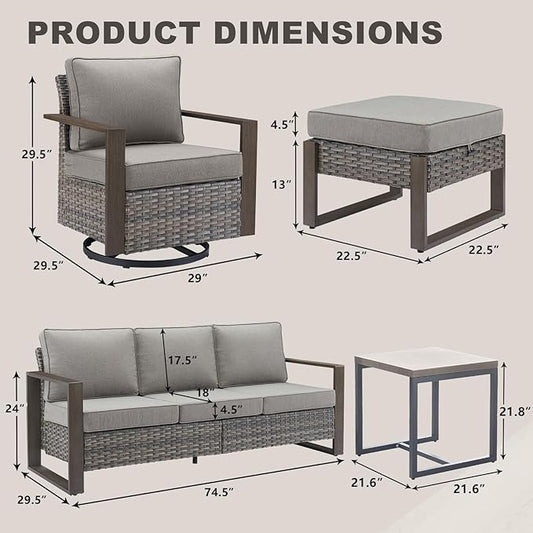 Rilyson Outdoor Wicker Patio Furniture Set - 8 Piece Patio Conversation Set with 4 Wicker Swivel Rocker Chairs,2 Rattan Ottoman 1 Side Table and 1 Couch,Thick Cushions,Deep Seating(Mixed Grey/Grey)
