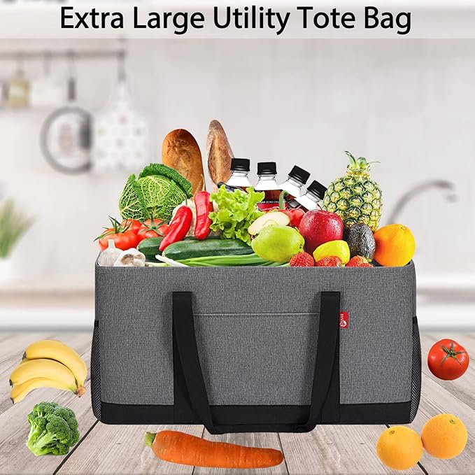 Extra Large Utility Tote Bag, Foldable Reusable Grocery Bags with Metal Wire Frame & Reinforced Bottom Board, Stand Up Large Utility Tote for Shopping, Beach Bag, Laundry, Car (Grey)
