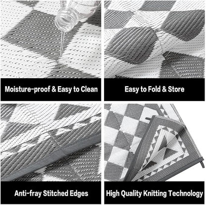 HUGEAR Outdoor Waterproof Rug 9'x12' Plastic Straw Rugs Washable Reversible Floor Mat Grey Plaid Carpet for Camping RV Deck Entryance Porch Picnic Balcony Beach Backyard