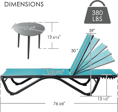Kozyard Outdoor Chaise Lounge Chair, All Aluminum Frame, Fully Flat Adjustable Reclining Patio Lounger for Poolside, Sunbathing & Backyard, Textilene (Aqua, 2Chairs + Table)