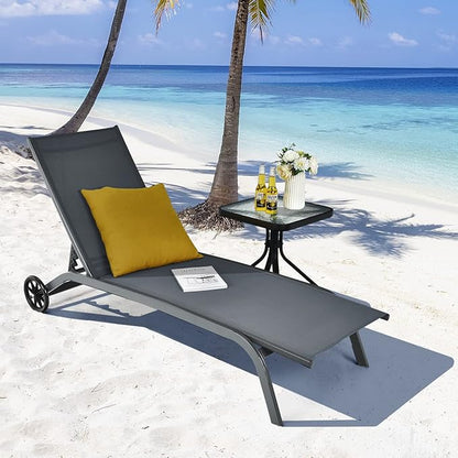 COSTWAY Outdoor Chaise Lounge with Wheels, 6-Position Adjustable Tanning Chair with Stable Aluminum Frame, Portable Sun Bathing Lounge Chair for Backyard, Garden, Poolside (Grey)
