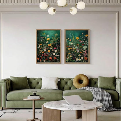 Framed Vintage Canvas Wall Art Vivid Garden Botanical Style Poster Picture Countryside Painting Nature Scenery Modern Home Print Living Room Gallery Office Ready to Hang 12x16 Inch x2