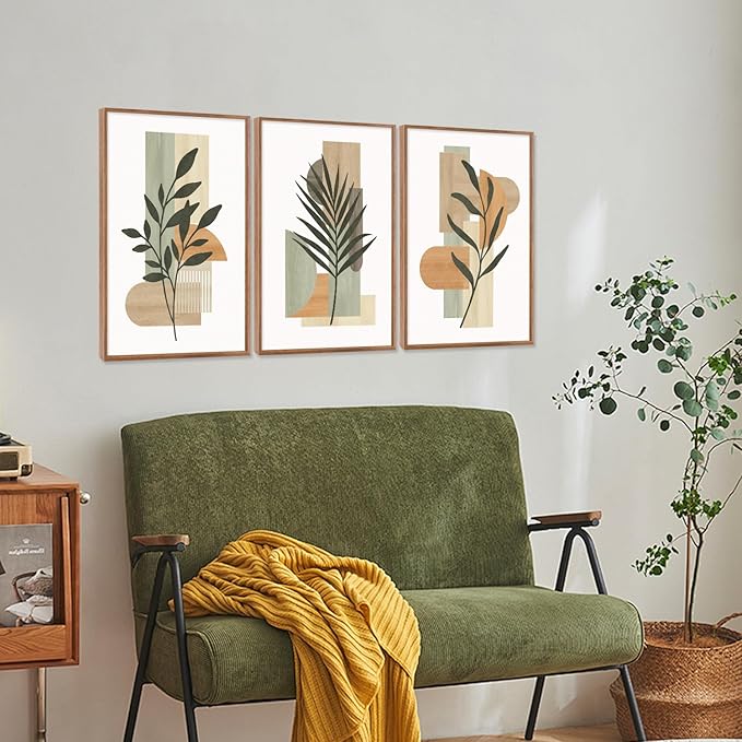CHDITB Boho Botanical Geometric Framed Canvas Wall Art Set, Abstract Plant Figure Wall Decor, Sage Green Terracotta Wall Painting, Modern Minimalist Art Prints for Living Room Bedroom Office 16"x24"x3