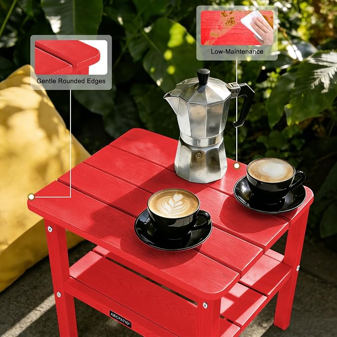 Outdoor Side Table HDPE Small Outdoor End Table Patio Side Tables Square for Backyard Pool Porch Balcony Double Layer Storage, Red (Wood Grain Finish)