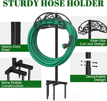 Sunvigor Garden Hose Holder, Heavy Duty Metal Hose Stand with 4 Spikes, Holds Up to 150FT Hose, No Drill Freestanding Hose Reel Alternative for Yard Lawn Outdoor