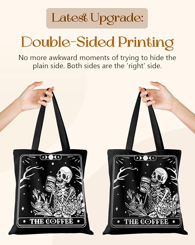 Miss Adola Canvas Tote Bag for Women – Aesthetic Canvas Bag with Zipper Cute Stylish Reusable Shoulder Totes for Shopping Work Daily Vacation, Coffee Skull