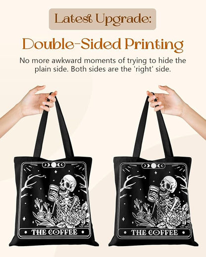 Miss Adola Canvas Tote Bag for Women – Aesthetic Canvas Bag with Zipper Cute Stylish Reusable Shoulder Totes for Shopping Work Daily Vacation, Coffee Skull