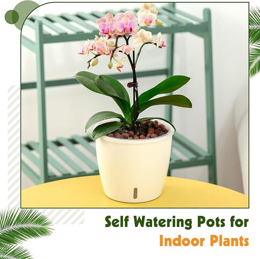 Self Watering Pots for Indoor Plants, 12-Pack 5'' Self Watering Planter with Drainage Holes, Small African Violet Pots with Water Level Indicator, Clear Wick Pot, White/Black