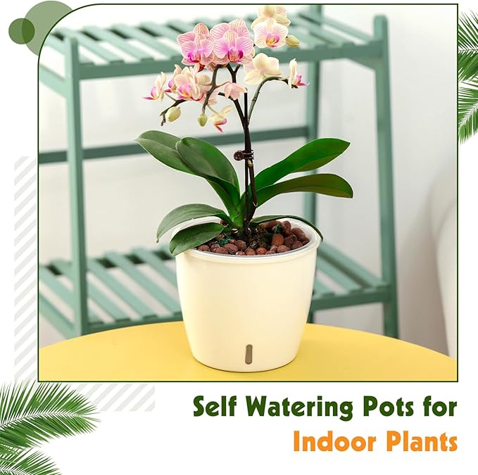 Self-Watering Pots for Indoor Plants, 18-Pack 5'' Self Watering Planter with Drainage Holes, Small African Violet Pots with Water Indicator, Clear Wick Pot for Orchids, White