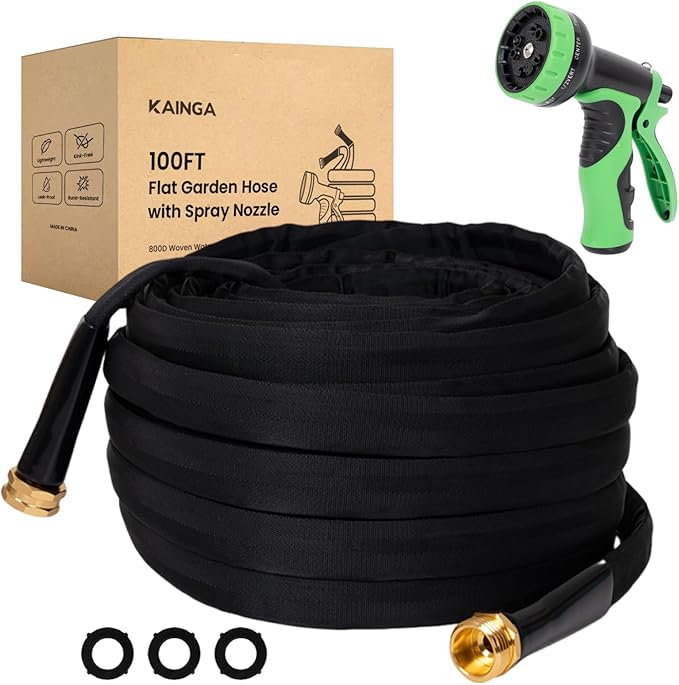 Lightweight Flat Garden Hose 100 FT, 3/4" GHT Flexible Water Hose with Spray Nozzle, Durable 800D Fabric, Kink Free Design, Portable Garden Hose for Lawn, Yard, Car Wash