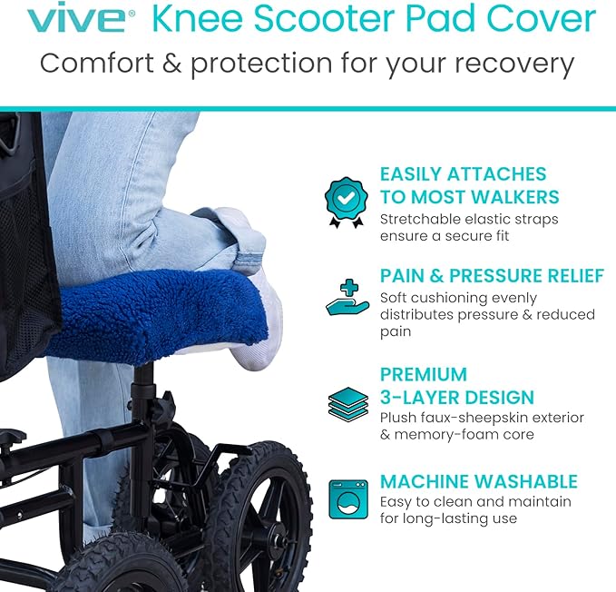Vive Mobility Knee Scooter Pad Cover - Soft Plush Adult Sheepskin Memory Foam Cushion, Walker Accessory for Knee Roller, Padded Accessories Leg Cart Improves Comfort with Injury, Universal Fit (Blue)