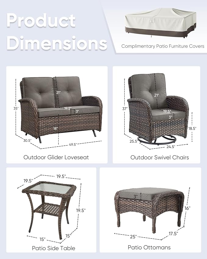 6 Pieces Patio Wicker Furniture Set-Outdoor Swivel Chairs Set of 2 Outdoor Glider Love seat with Outdoor Footstool Patio Furniture for Deck Porch Garden Balcony Poolside-Brown/Grey