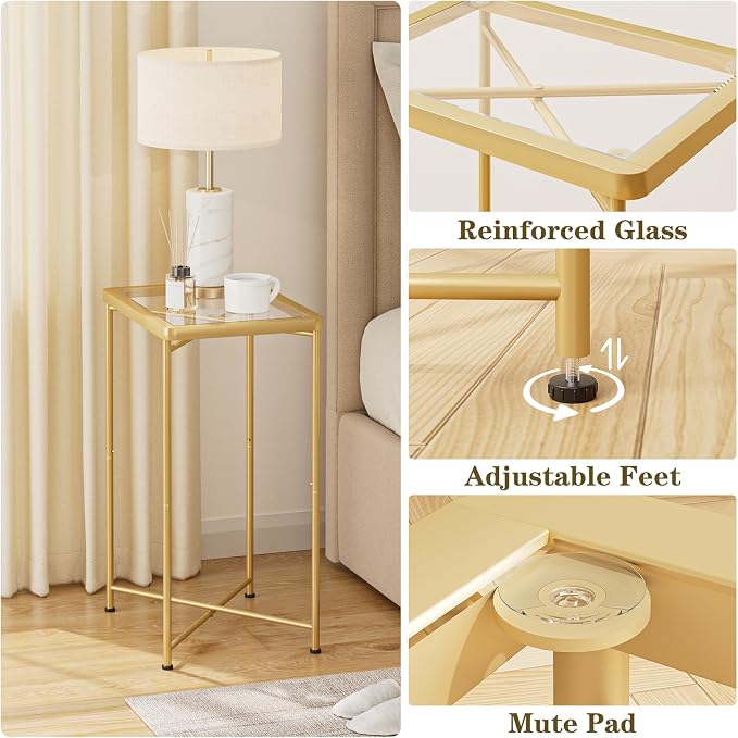 Garden 4 you Small Side Table, Glass End Table Set of 2, Gold Outdoor Side Table with Metal Frame, Mini Bedside Table for Living Room, Bedroom, Patio, Small Space, 2pcs