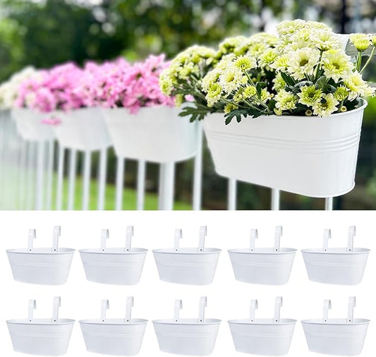 LaLaGreen Outdoor Rail Planter (10 Pack, 9.8 Inch) Small and Cute White Metal Iron Hanging Flower Pot Deck Railings Fence Buckets Countryside Style Wall Mount Window Box Plant Holder Hooks Porch Decor