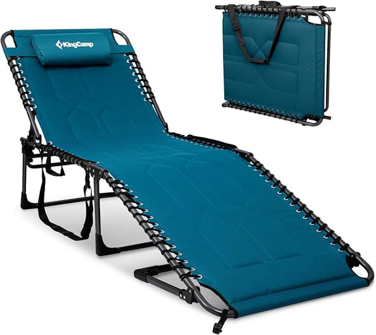 KingCamp Oversized Tanning Chair, Extra-Wide Padded Folding Chase Lounge Chairs Portable Adjustable 5-Position 440lbs Heavy Duty Lounger with Double-Layer Oxford for Outdoor Beach Patio Sun Pool Blue