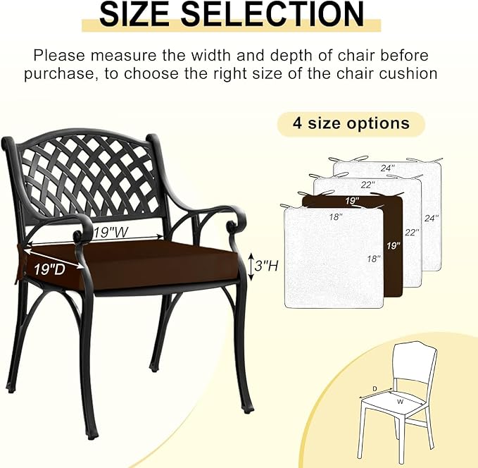 downluxe Waterproof Outdoor Chair Cushions Set of 2, 19" x 19" x 3" Patio Chair Cushion with Non-Slip Ties & Handle, Square Outdoor Cushion for Patio Furniture with Removable Cover, Brown