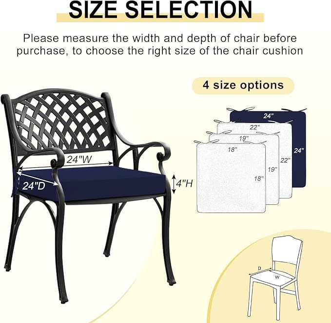 downluxe Waterproof Outdoor Chair Cushions for Patio Furniture, 24" x 24" x 4" Patio Chair Cushion with Adjustable Ties & Portable Handle, Square Outdoor Cushion with Removable Cover, Navy, 2 Pack