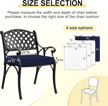 downluxe Waterproof Outdoor Chair Cushions for Patio Furniture, 24" x 24" x 4" Patio Chair Cushion with Adjustable Ties & Portable Handle, Square Outdoor Cushion with Removable Cover, Navy, 2 Pack