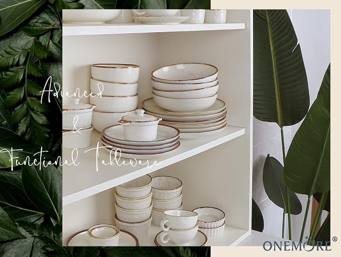 ONEMORE 12 oz Ramekins Oven Safe - Set of 6 Speckled Ceramic Souffle Dishes with Brown Rim for Baking Creme Brulee, French Onion Soup, Pot Pies, and More | Rustic Design with Warm Cream Glaze