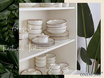 ONEMORE 12 oz Ramekins Oven Safe - Set of 6 Speckled Ceramic Souffle Dishes with Brown Rim for Baking Creme Brulee, French Onion Soup, Pot Pies, and More | Rustic Design with Warm Cream Glaze