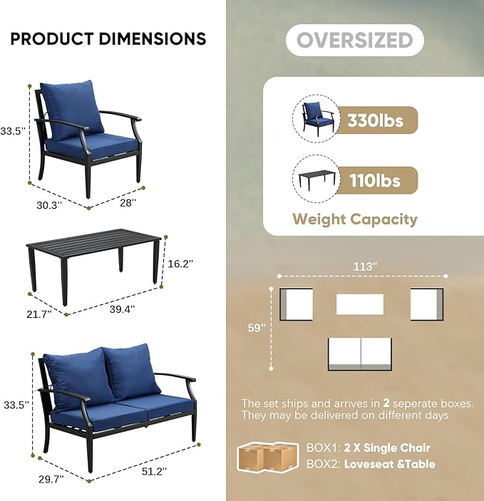 4 Pieces Patio Furniture Set w/loveseat,Coffe Table,Outdoor Conversation Metal Sofa with High Back and Thick Cushion,for Backyard,Garden,Navy