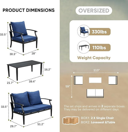 4 Pieces Patio Furniture Set w/loveseat,Coffe Table,Outdoor Conversation Metal Sofa with High Back and Thick Cushion,for Backyard,Garden,Navy