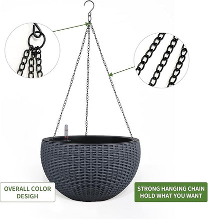 Dexceder 13.5 Inch Large Self Watering Hanging Planters Indoor Outdoor, Thickened Hanging Basket Flower Plant Pot with Water Level Indicator (Gray)