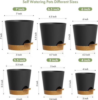 WSMKSZ 7/6.5/6/5.5/5/4 inch Self Watering Pots for Indoor Outdoor Plants, 6 Pack Plastic Flower Planters with Drainage Holes and Removable Saucers, Plant Pots with Wicking Rope, Black Brown