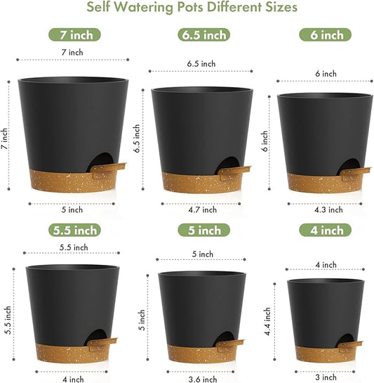 WSMKSZ 7/6.5/6/5.5/5/4 inch Self Watering Pots for Indoor Outdoor Plants, 6 Pack Plastic Flower Planters with Drainage Holes and Removable Saucers, Plant Pots with Wicking Rope, Black Brown