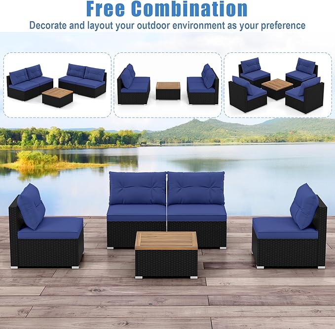 RELAX4LIFE 5-Piece Wicker Outdoor Furniture - PE Rattan Sectional Conversation Set w/4 Armless Sofas & Acacia Wood Coffee Table, Cushioned Patio Sofa Set for Garden Poolside Backyard Porch (Navy)