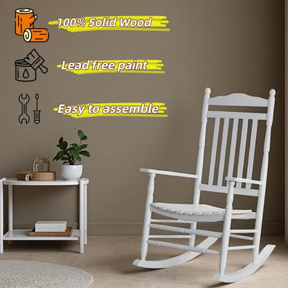 Rocking Chair Porch Rocker Outdoor Furniture Wooden Adult Rockers for Bistro Balcony Camping Lawn Garden Backyard Outside, White